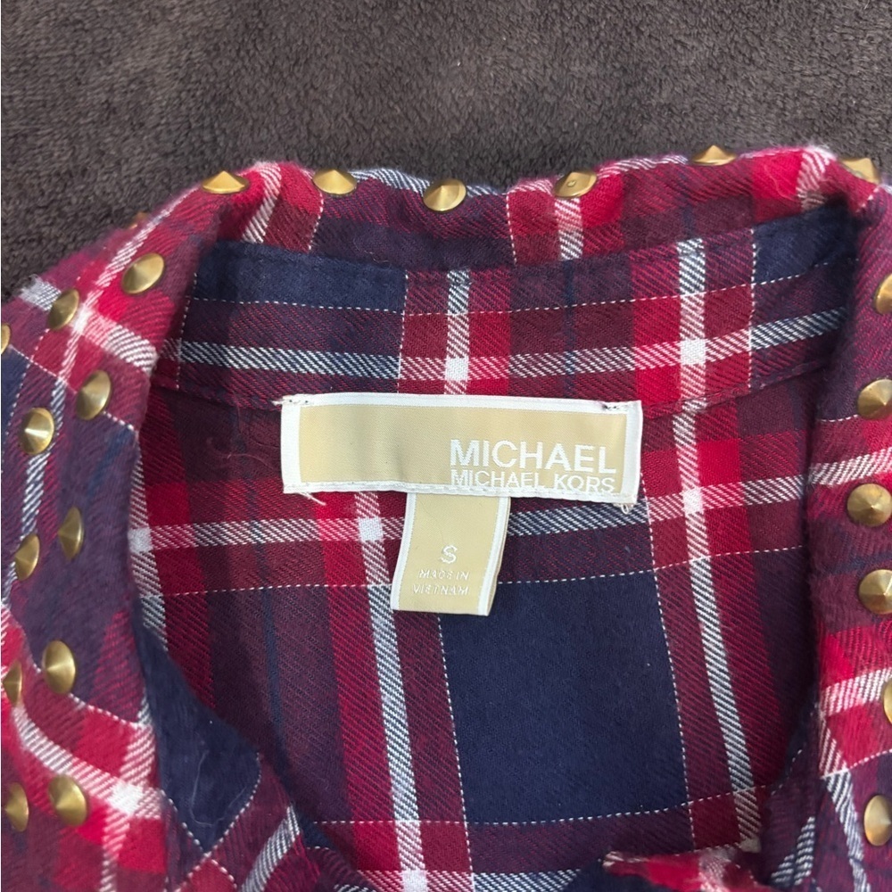 Michael Kors Red and Navy Plaid Button-Down Shirt - Picture 3 of 6